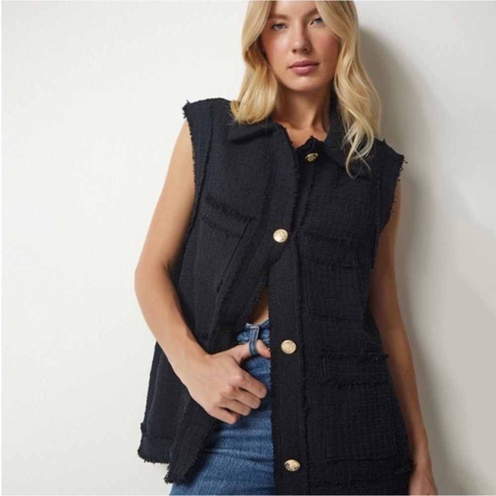 Zara Black Tweed Vest with Gold Buttons and Raw Edges